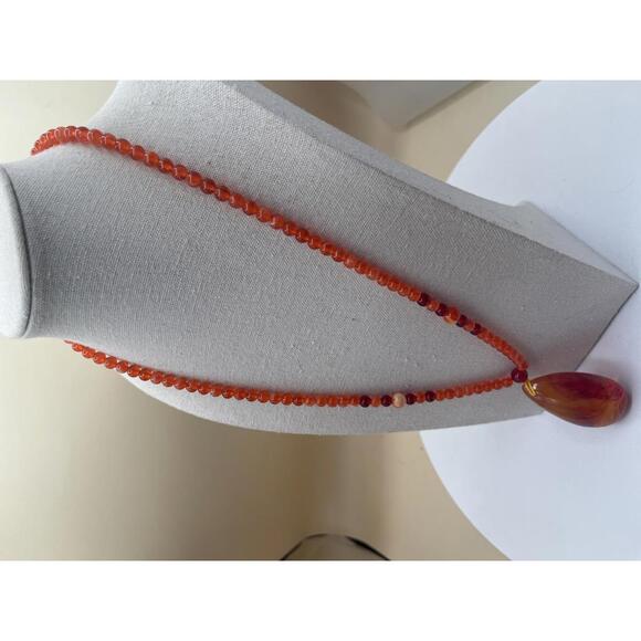 Orange Beaded Necklace with Amber Teardrop Pendant - Picture 3 of 6